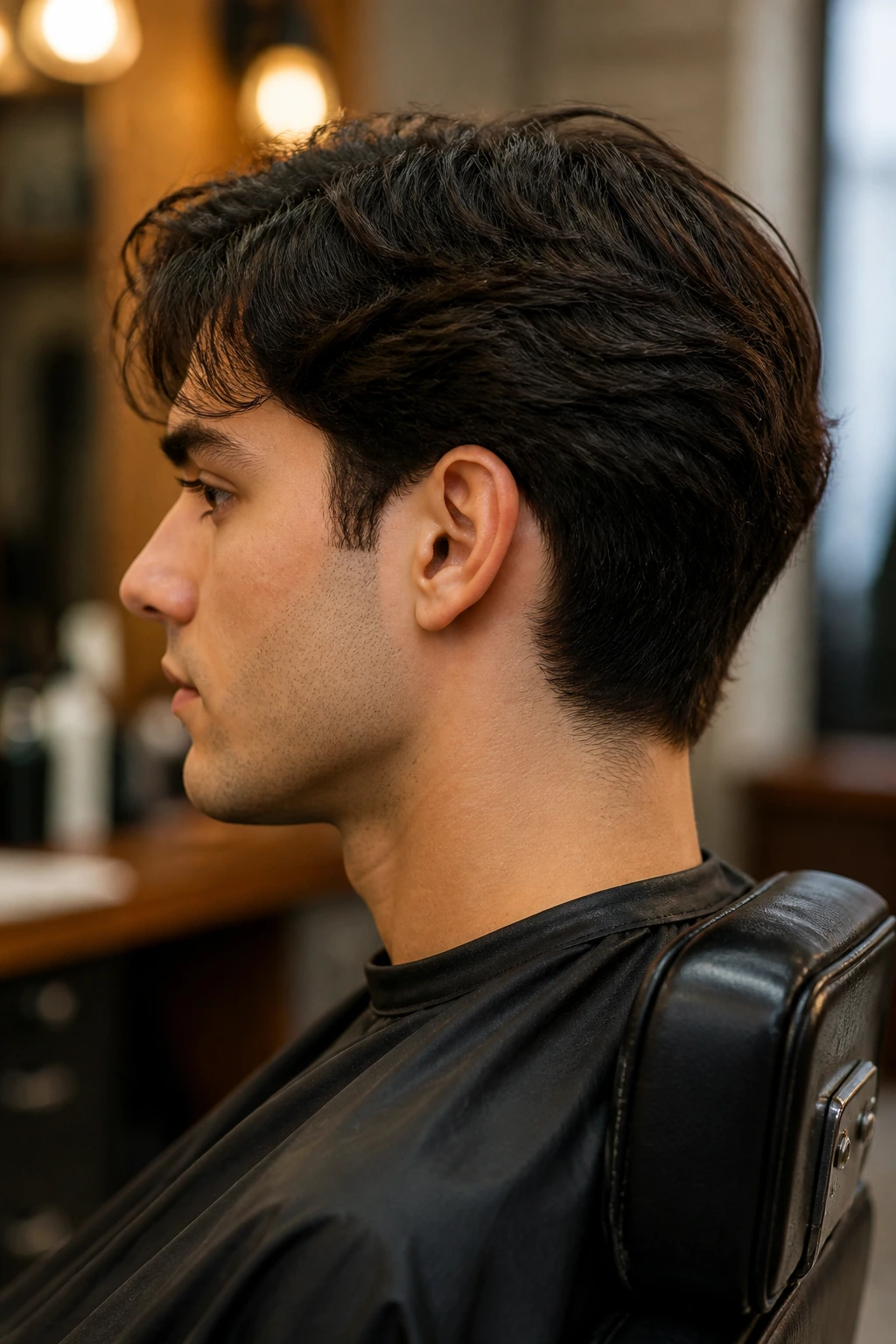 Side-profile of a man with grow-out shape-up in a barbershop