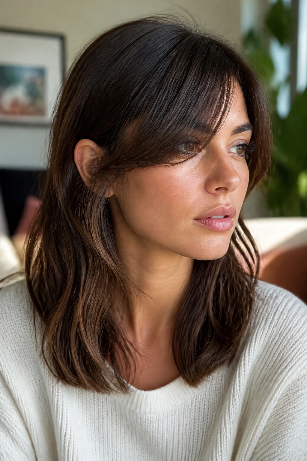 Portrait of a person with cheekbone-length grow-out side bang.