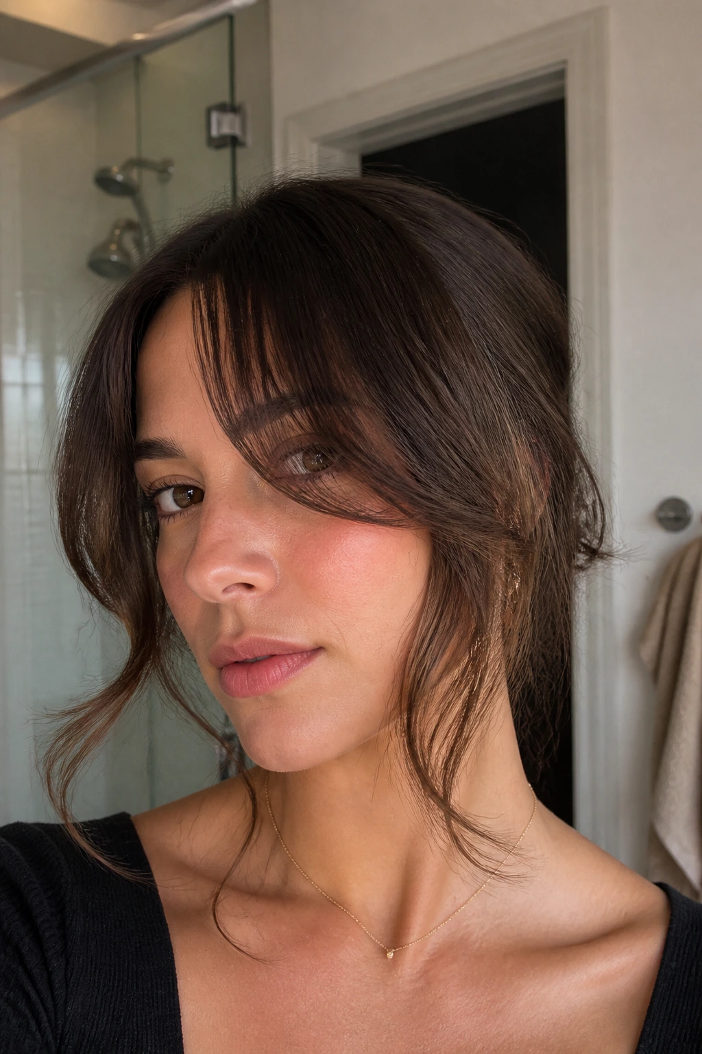 Portrait of a person with grow-out side bangs reaching the cheeks