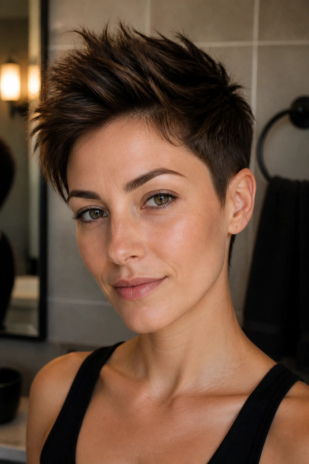 Close-up of a real woman with a grow-out-friendly spike, longer top and soft taper