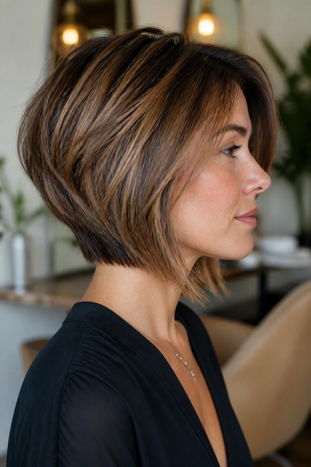 Close-up of a real woman showing a long grow-out stacked bob with soft graduation.