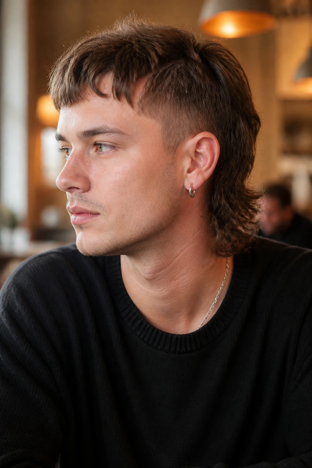 Close-up portrait of a person with a grow-out transitional mullet in warm cafe lighting