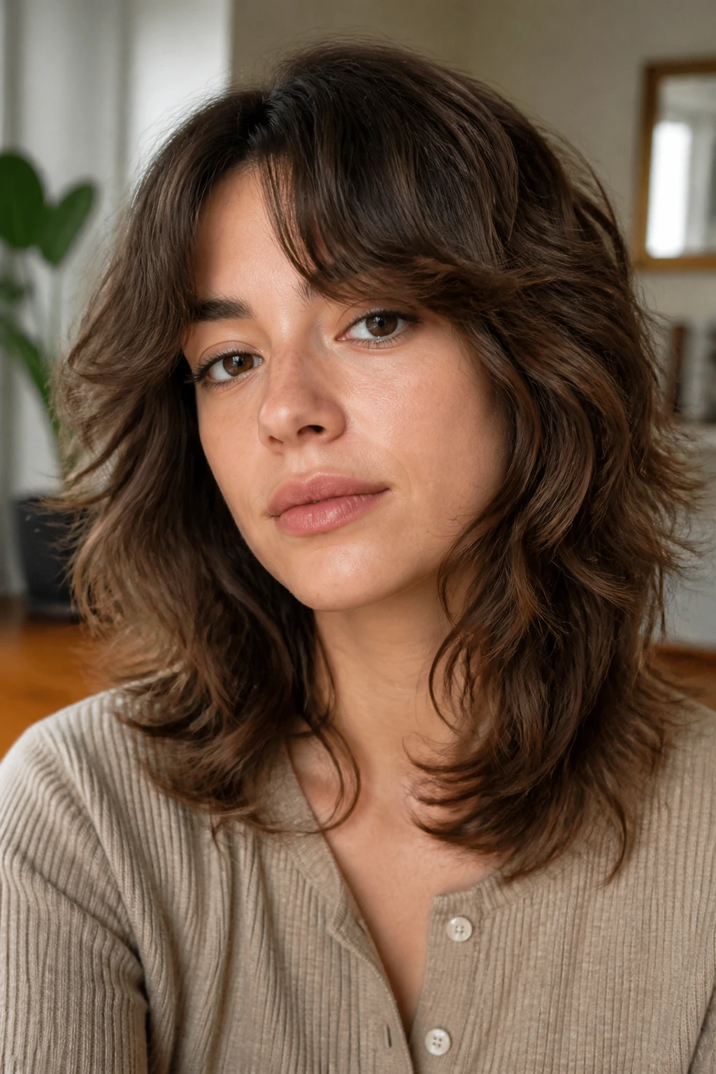 Close-up of a real person with a grow-out transitional wolf cut showing soft layers