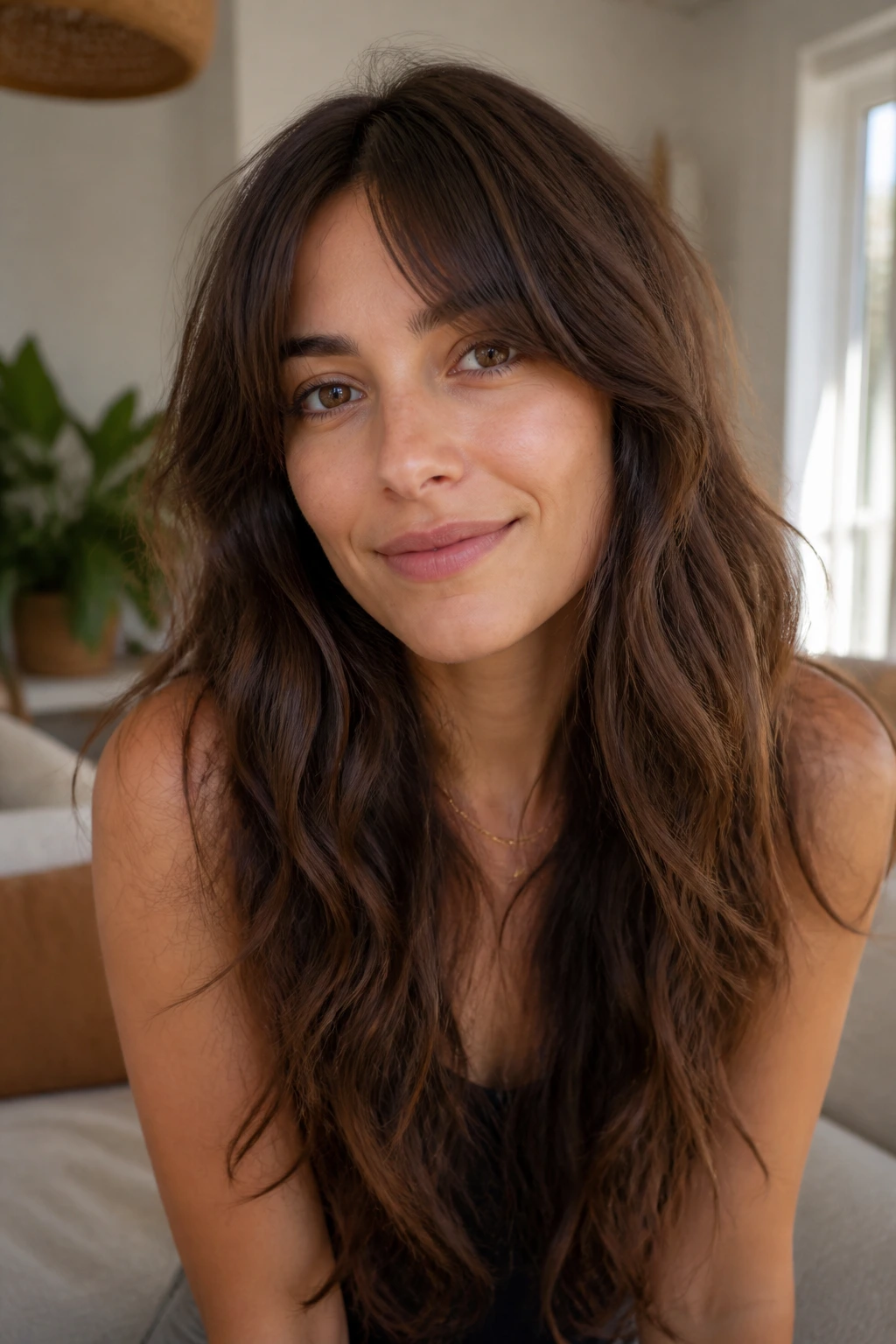 Close-up of a real woman with a grow-out friendly wavy cut