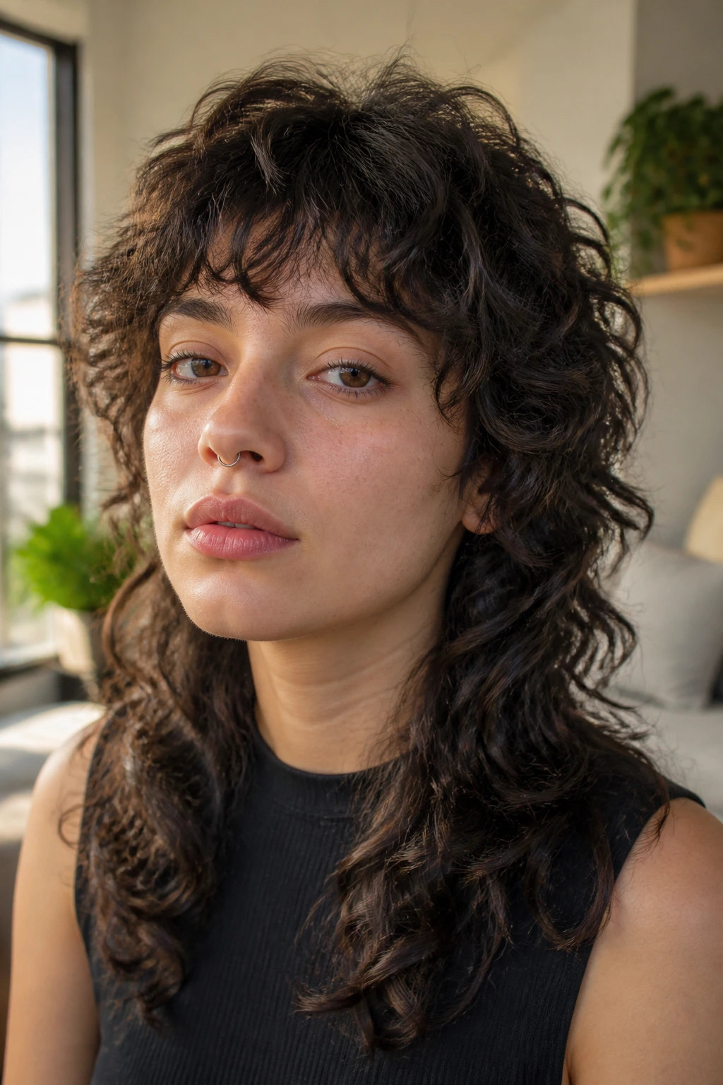 Close-up of a real person with grow-out friendly wolf hairstyle with longer layers