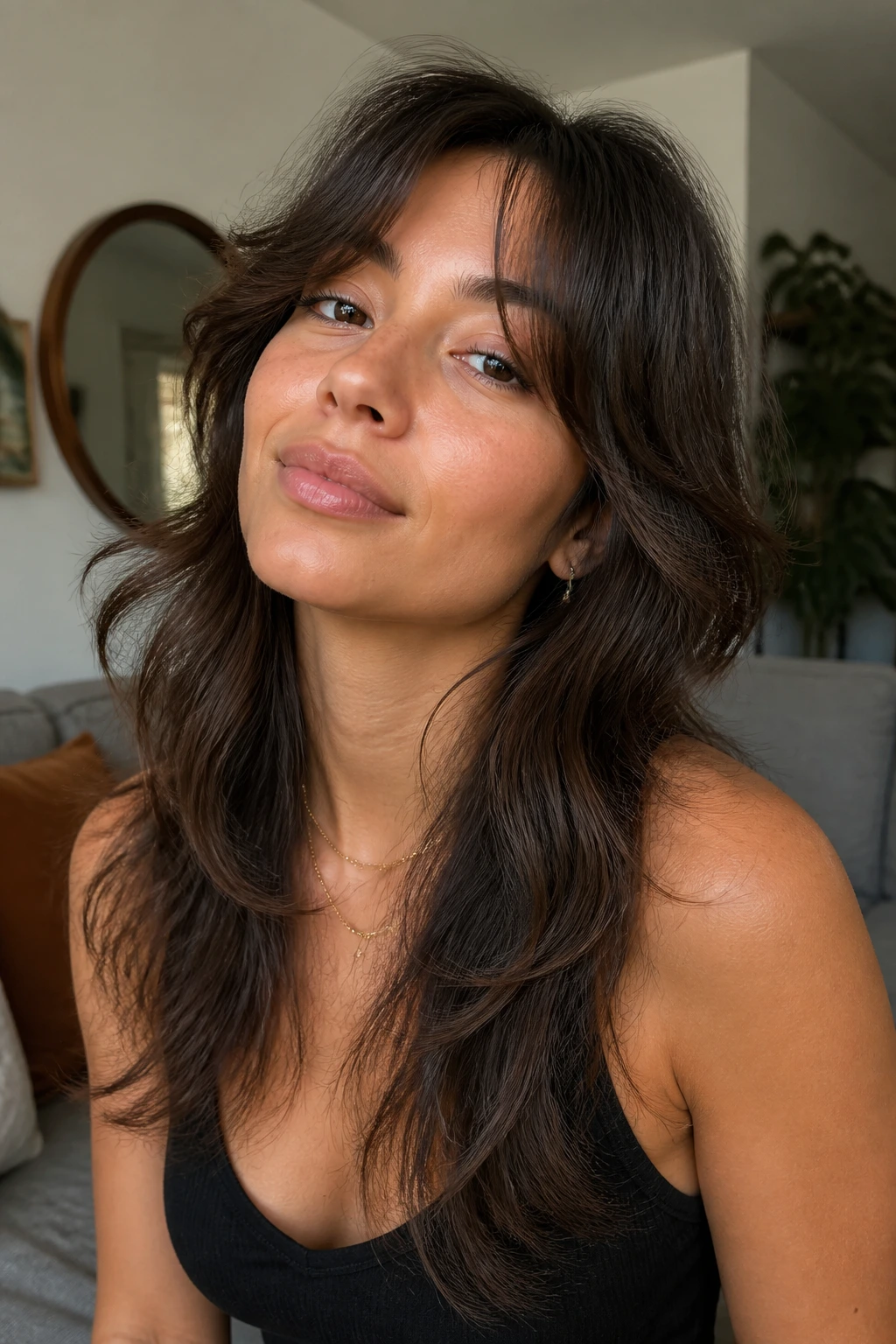 Close-up of a real person with a grow-out wolf cut showing soft front layers