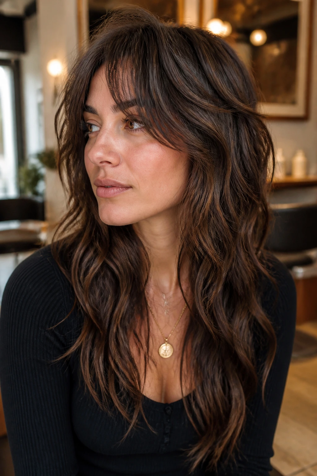 Close-up of a real woman with a grow-out friendly wolf cut and seamless long-length waves