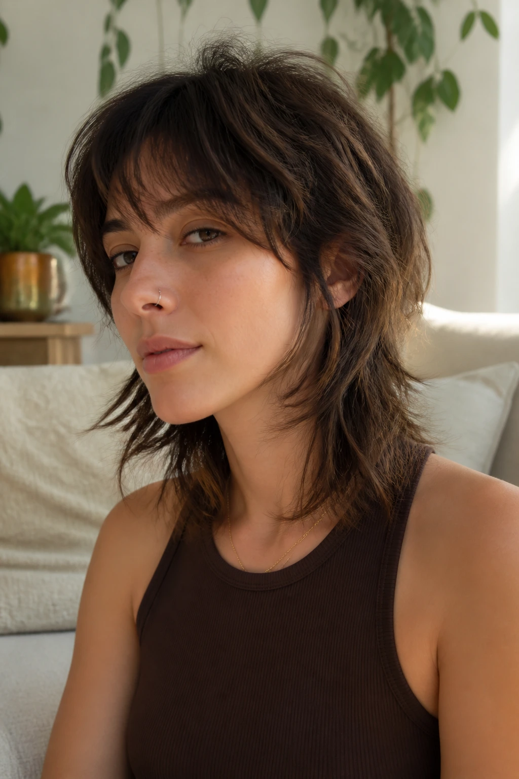 Real person with grow-out wolf hairstyle showing layered crown and lengthening ends
