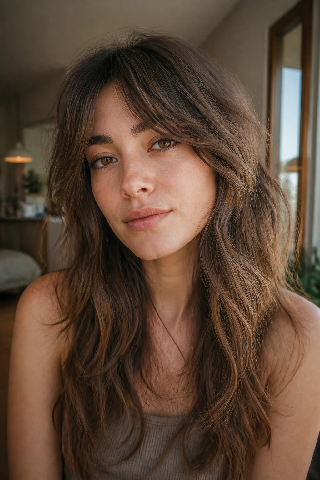 Real woman with long grow-out wolf cut in a cozy living room
