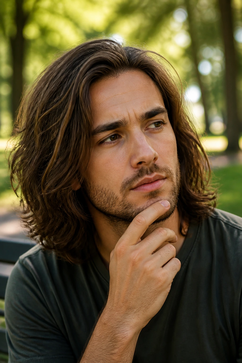 Thoughtful man with mid-length hair in park