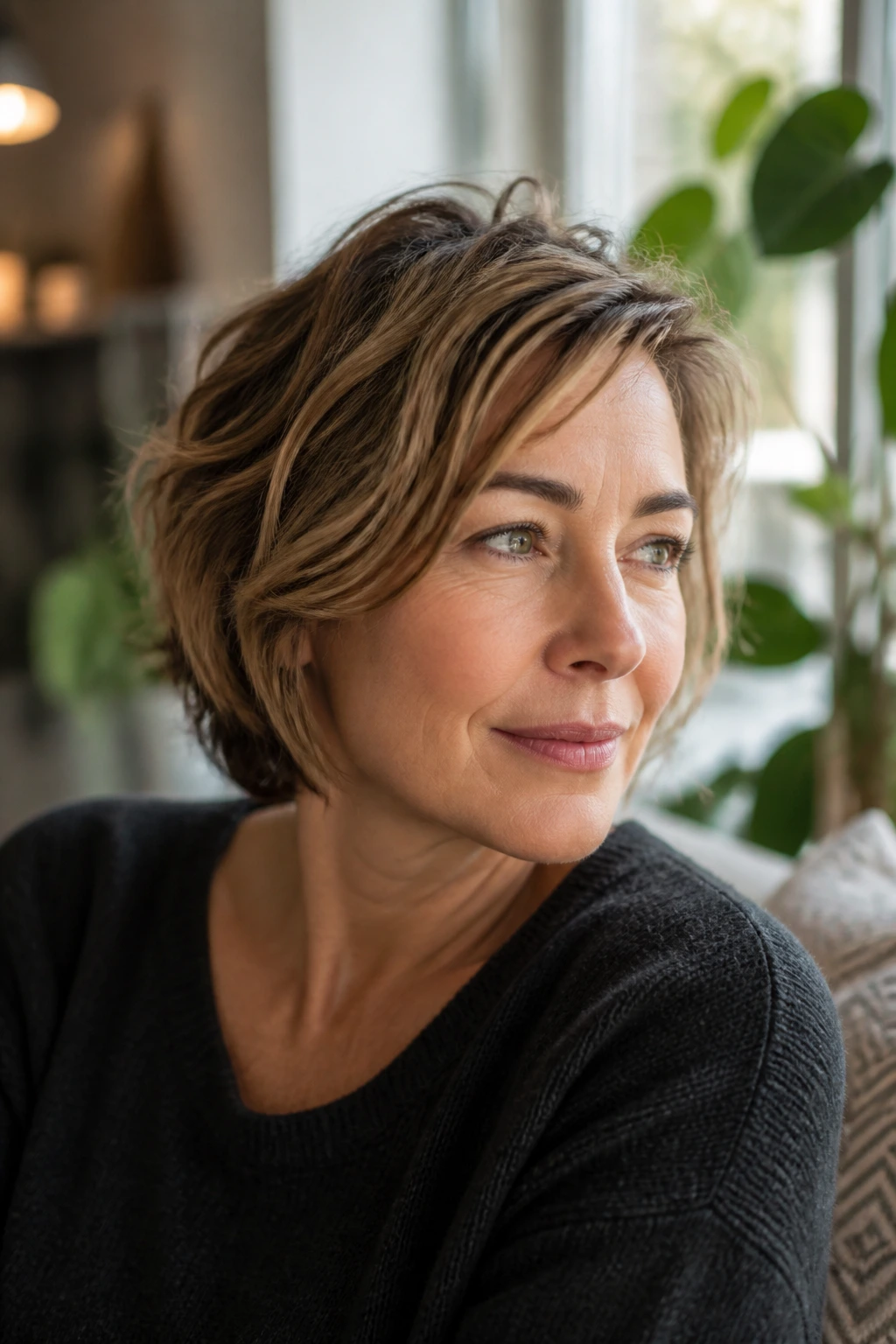 Close-up portrait of a woman with transitioning short-to-medium hair in a cozy home setting