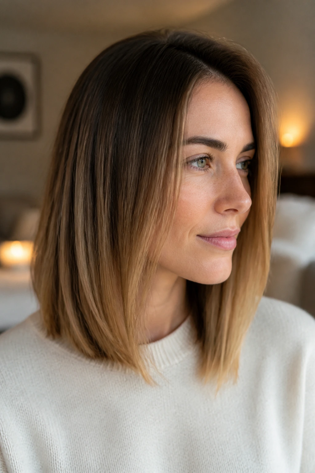 Close-up portrait of a real woman with a growing-out lob bridging short and long lengths