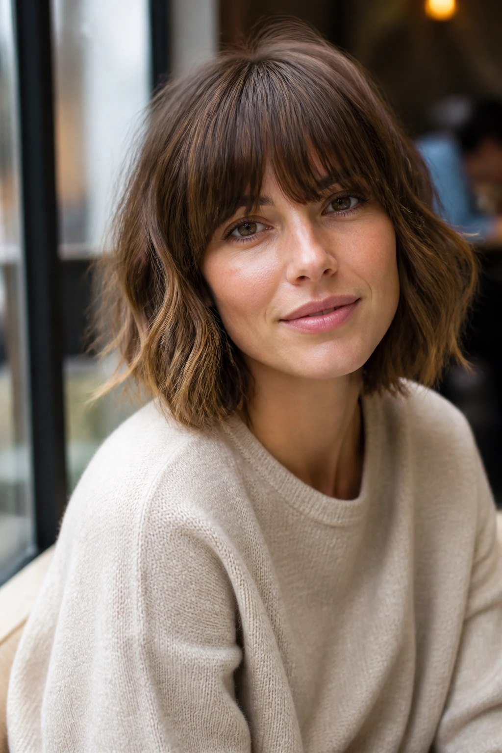 Real woman with brow-length fringe blended into grown-in bob at cafe window
