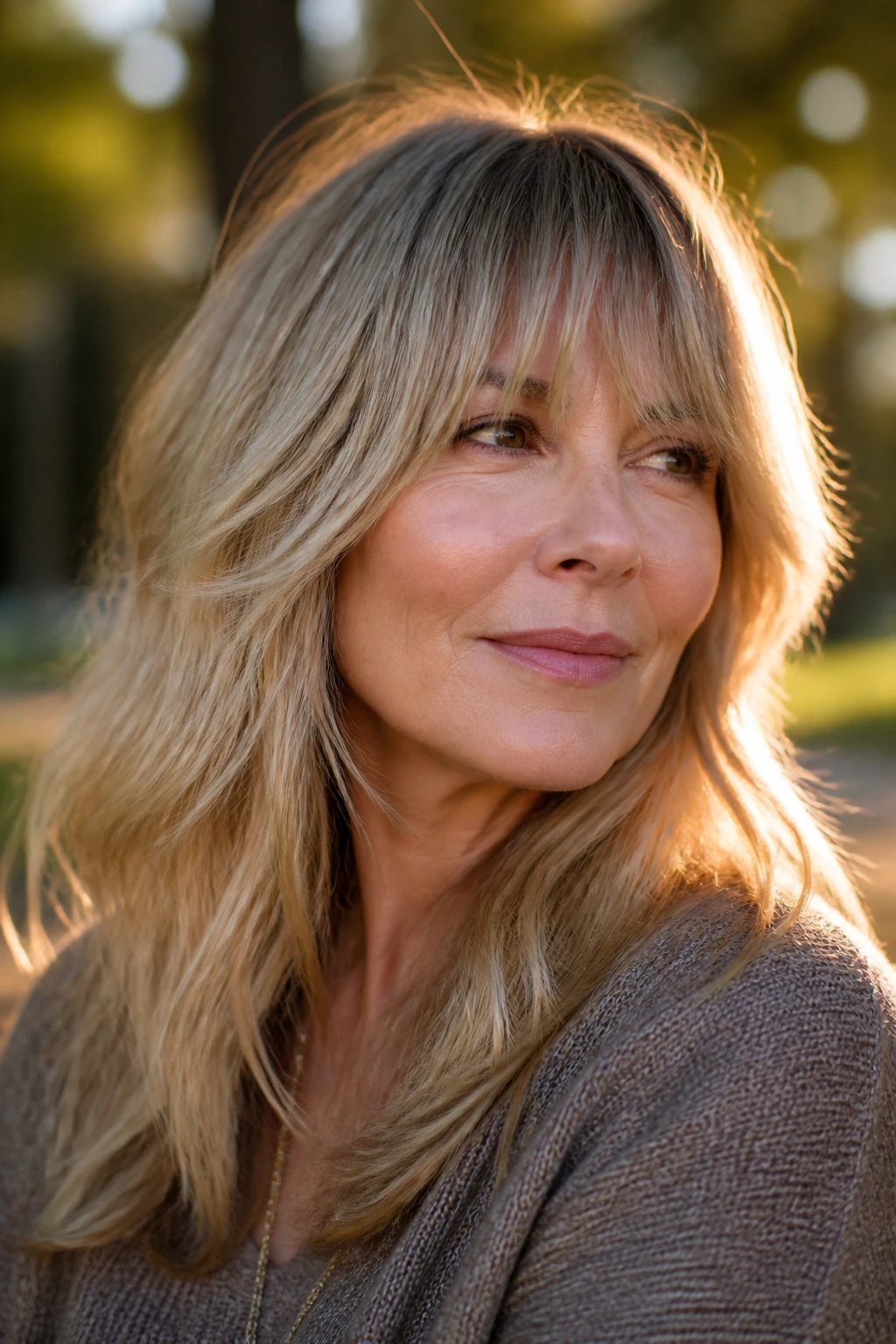 Portrait of a real woman with grown-in shag fringe outdoors at golden hour
