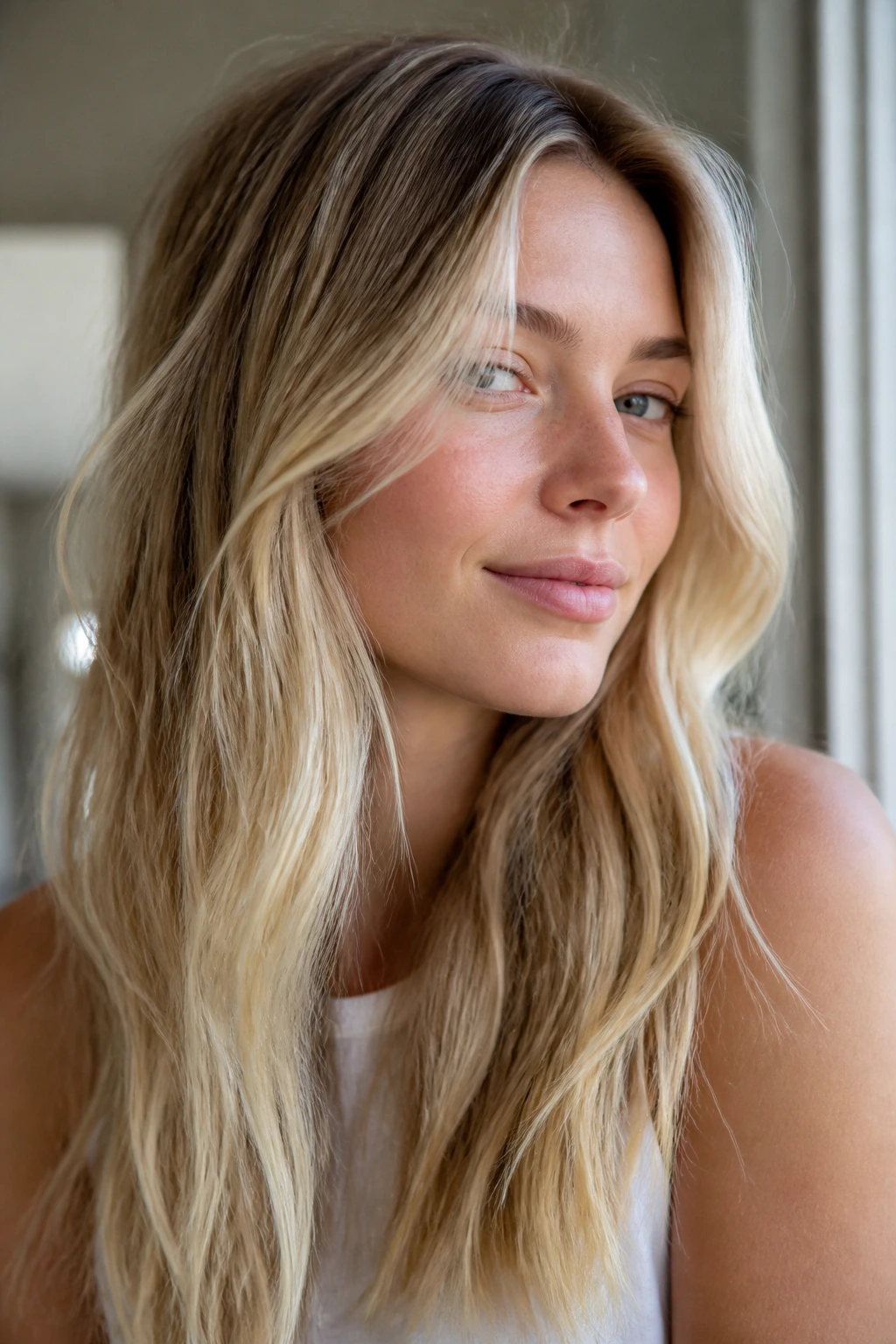 Close-up portrait of a real woman with grown-out babylight blonde hair