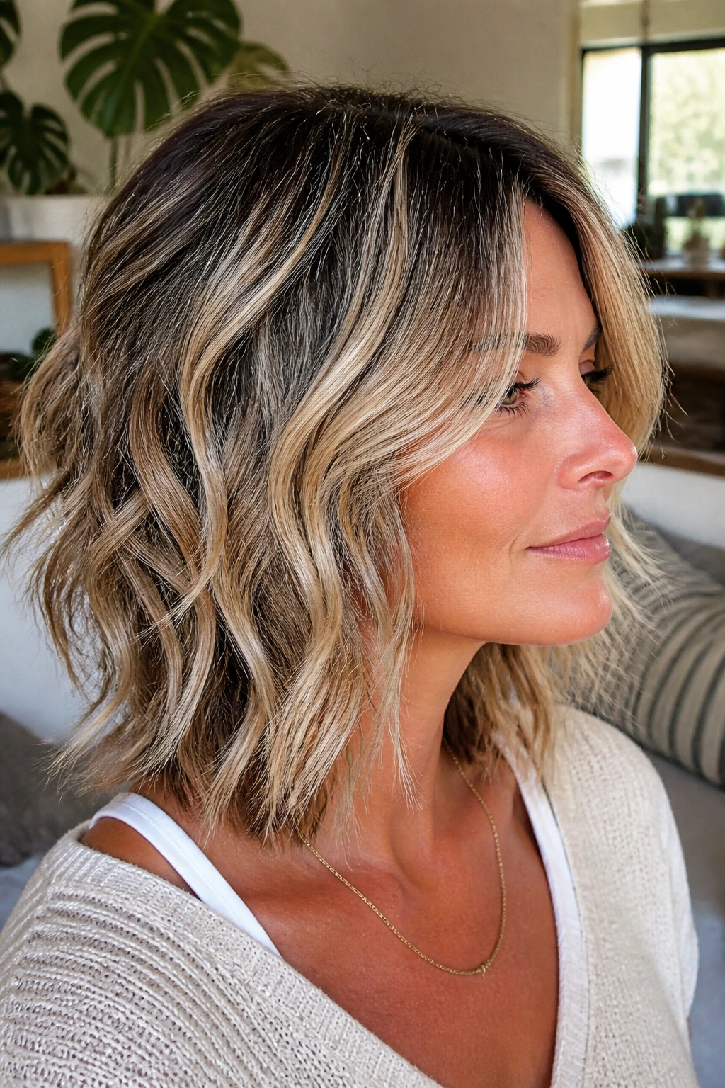 Close-up of a real woman with grown-out balayage shag, dark roots blending into lighter pieces