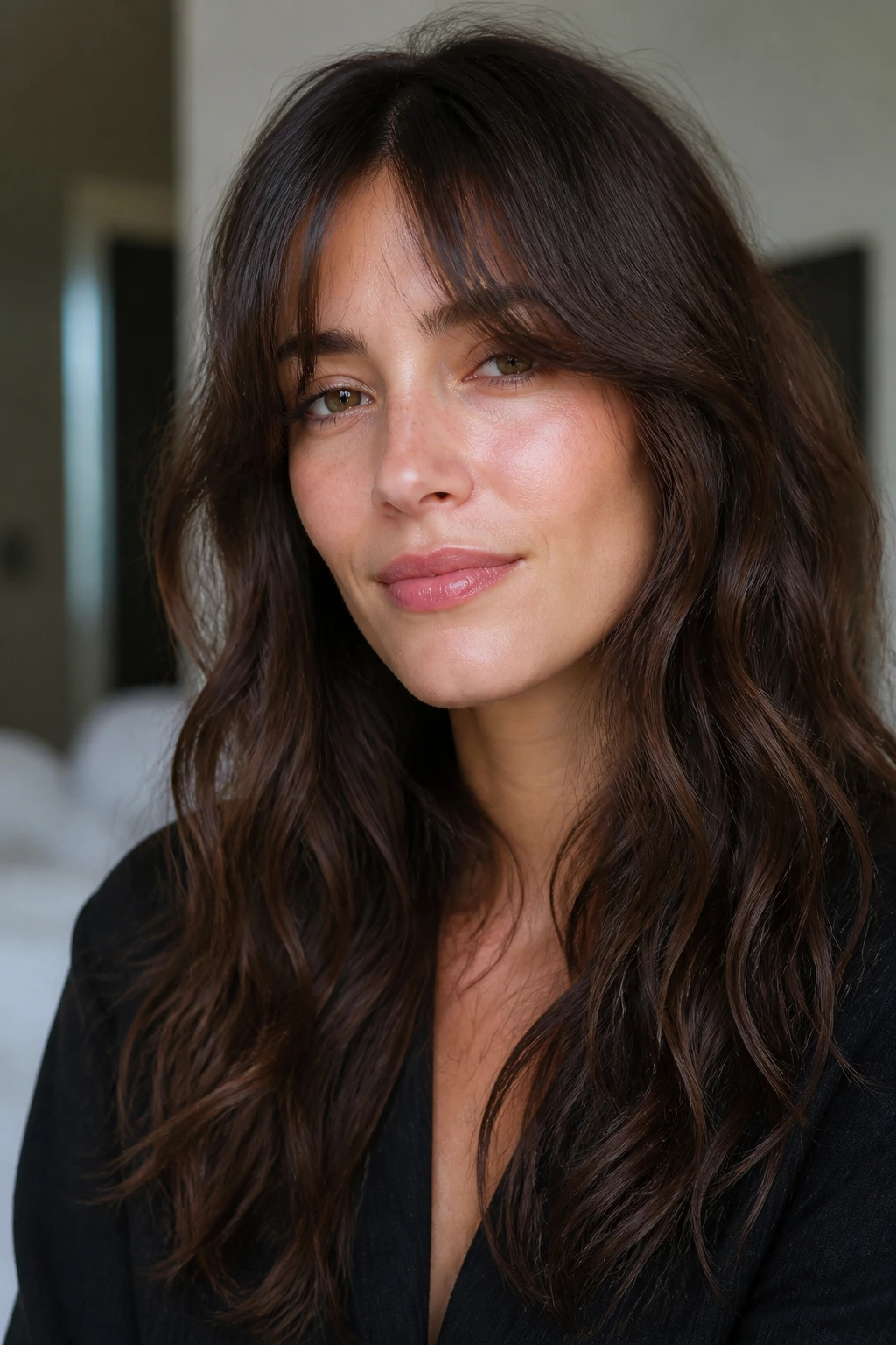 Real person with grown-out bangs maintaining face-framing lines