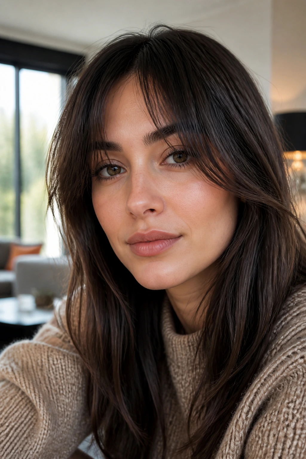 Close-up of a woman with grown-out bangs framing the face