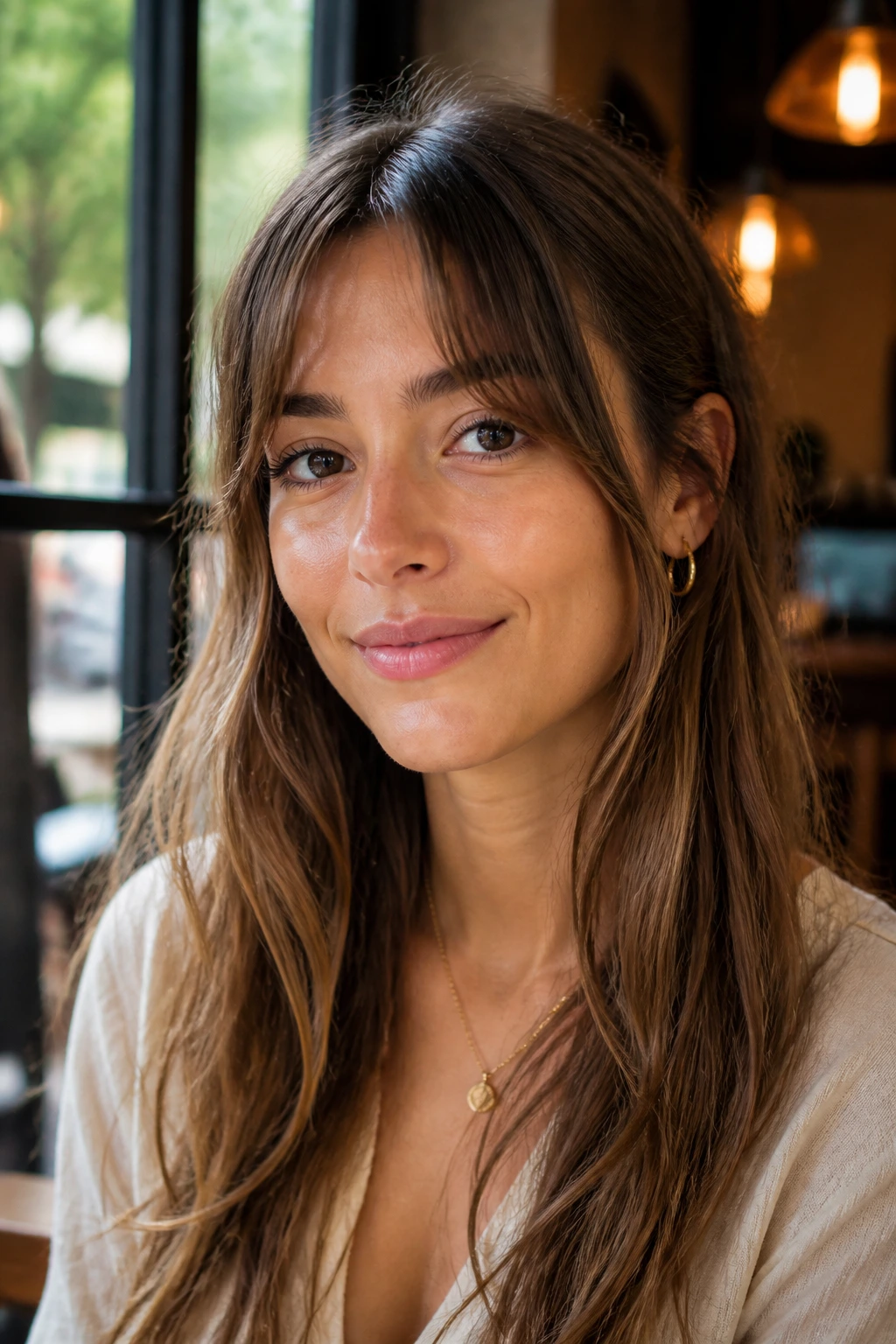 Real woman with grown-out bangs between fringe and layers