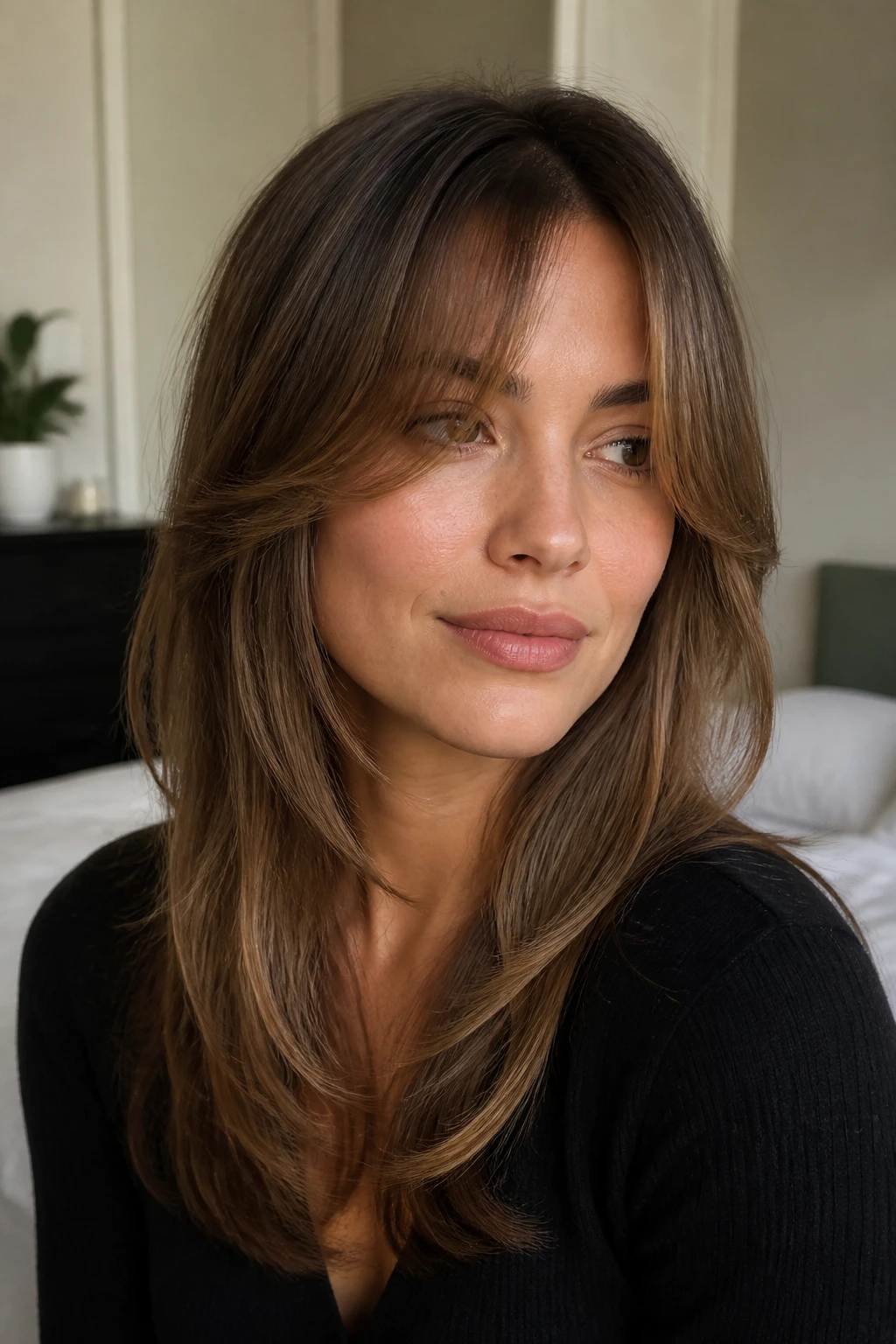 Close-up portrait of a real woman with grown-out bangs blending into layered front pieces, warm window light.