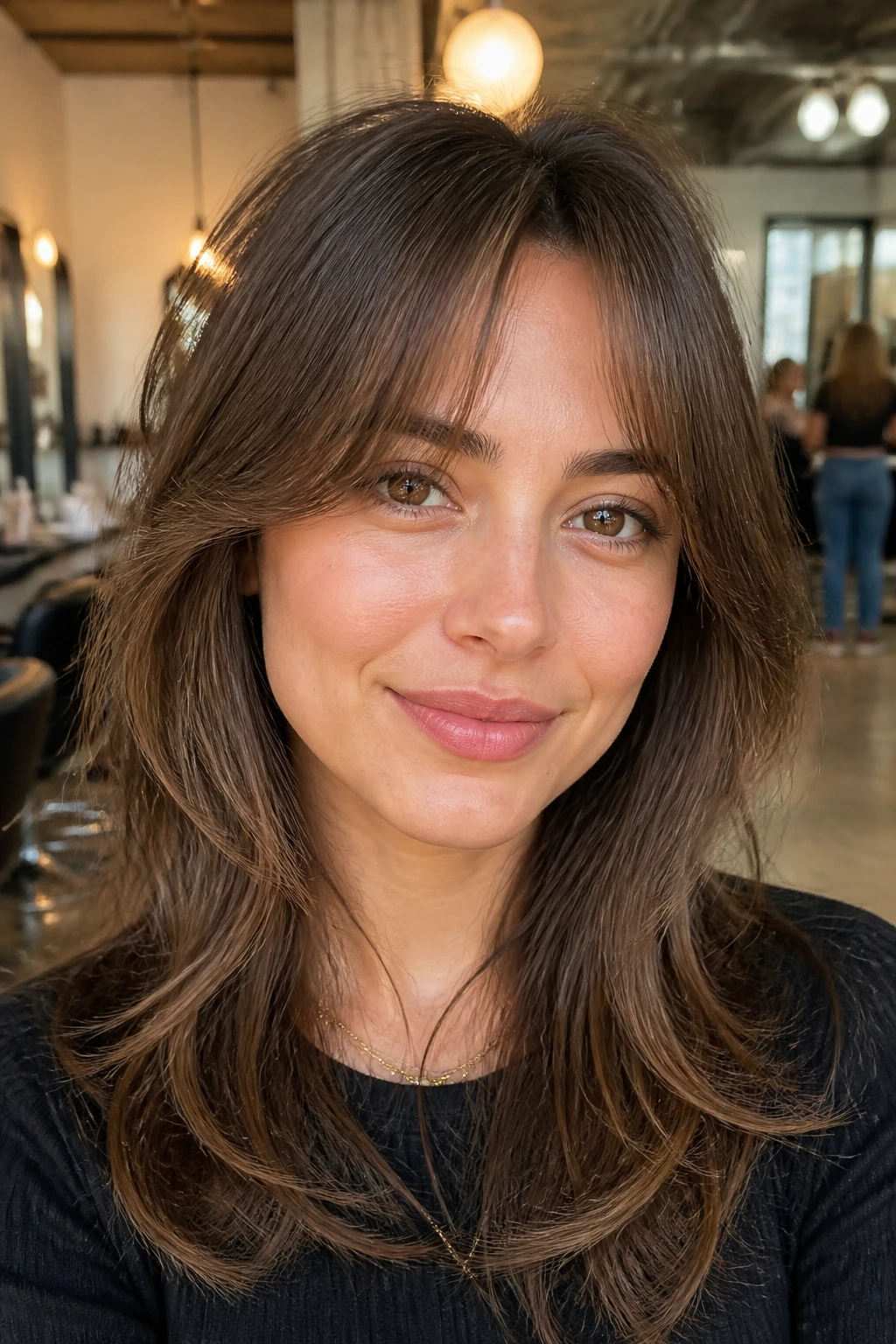 Close-up of a real woman with grown-out bangs blending into face-framing layers