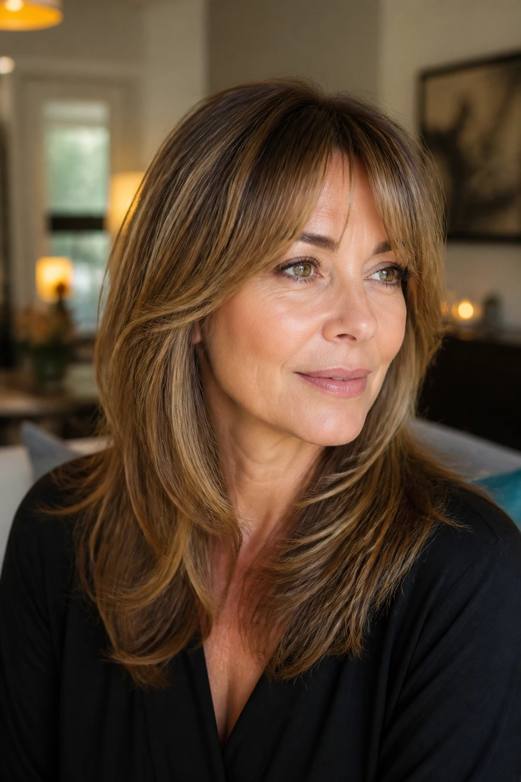 Close-up of a real woman with grown-out bangs blending into layers