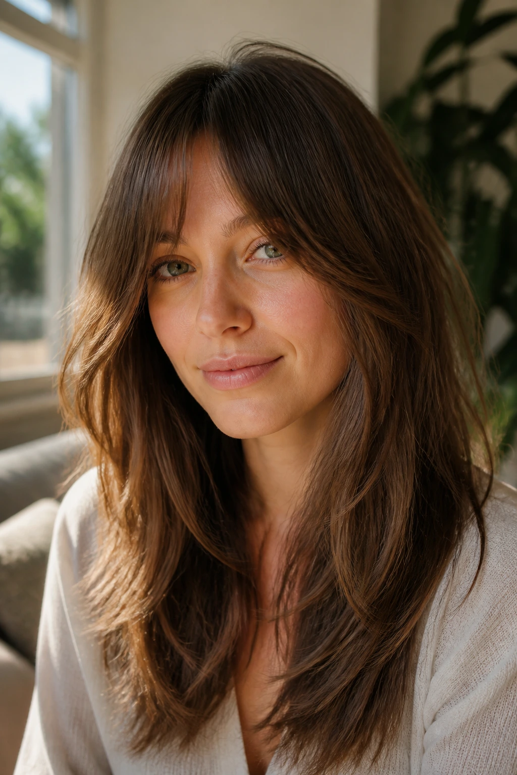 Portrait of a woman with long grown-out bangs blending into layers