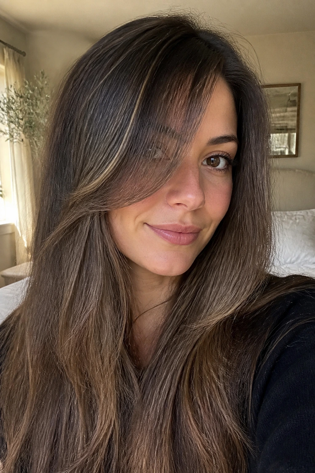 Close-up of a real person with grown-out side bangs framed by soft light