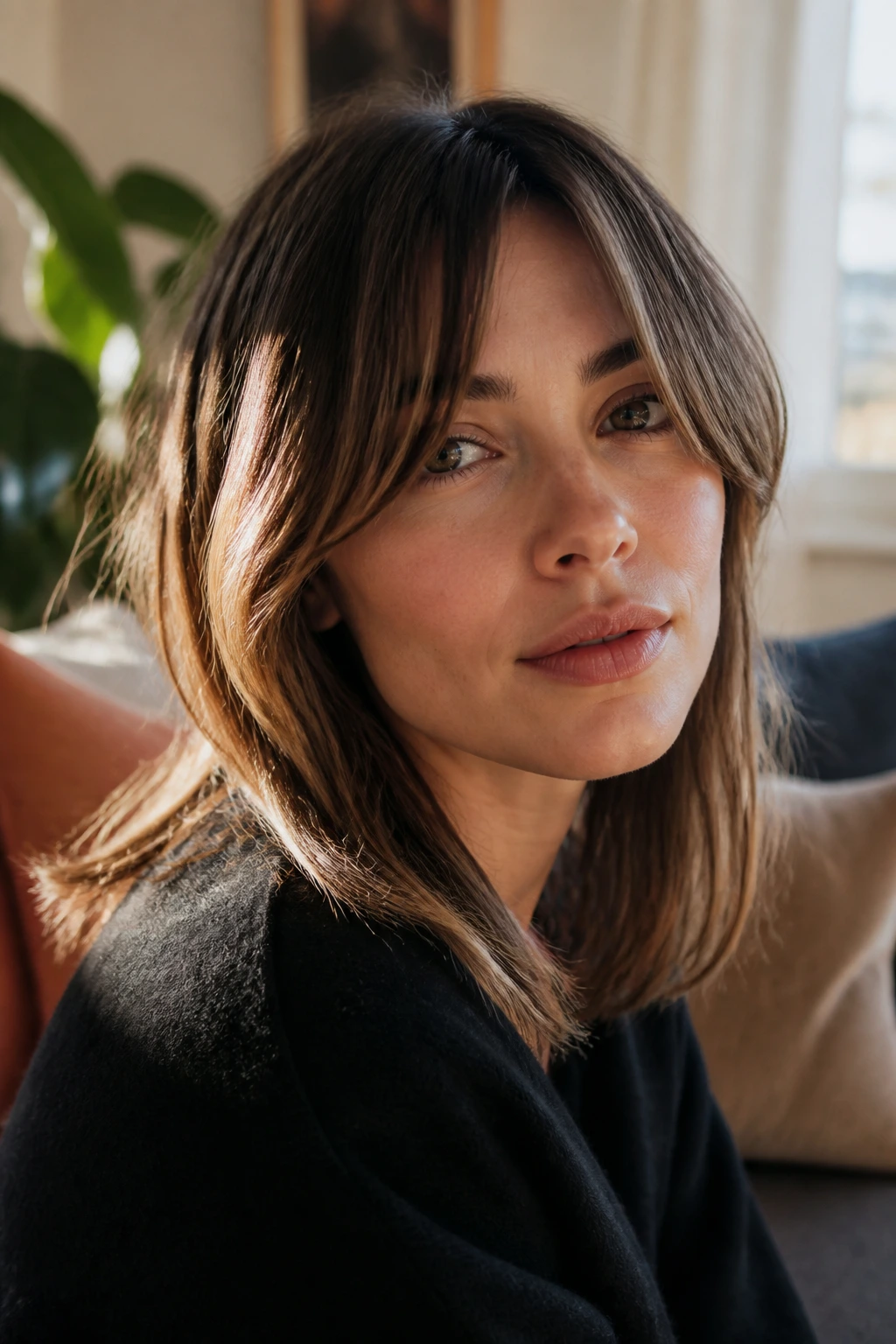 Close-up of a real person wearing grown-out bangs that softly sweep