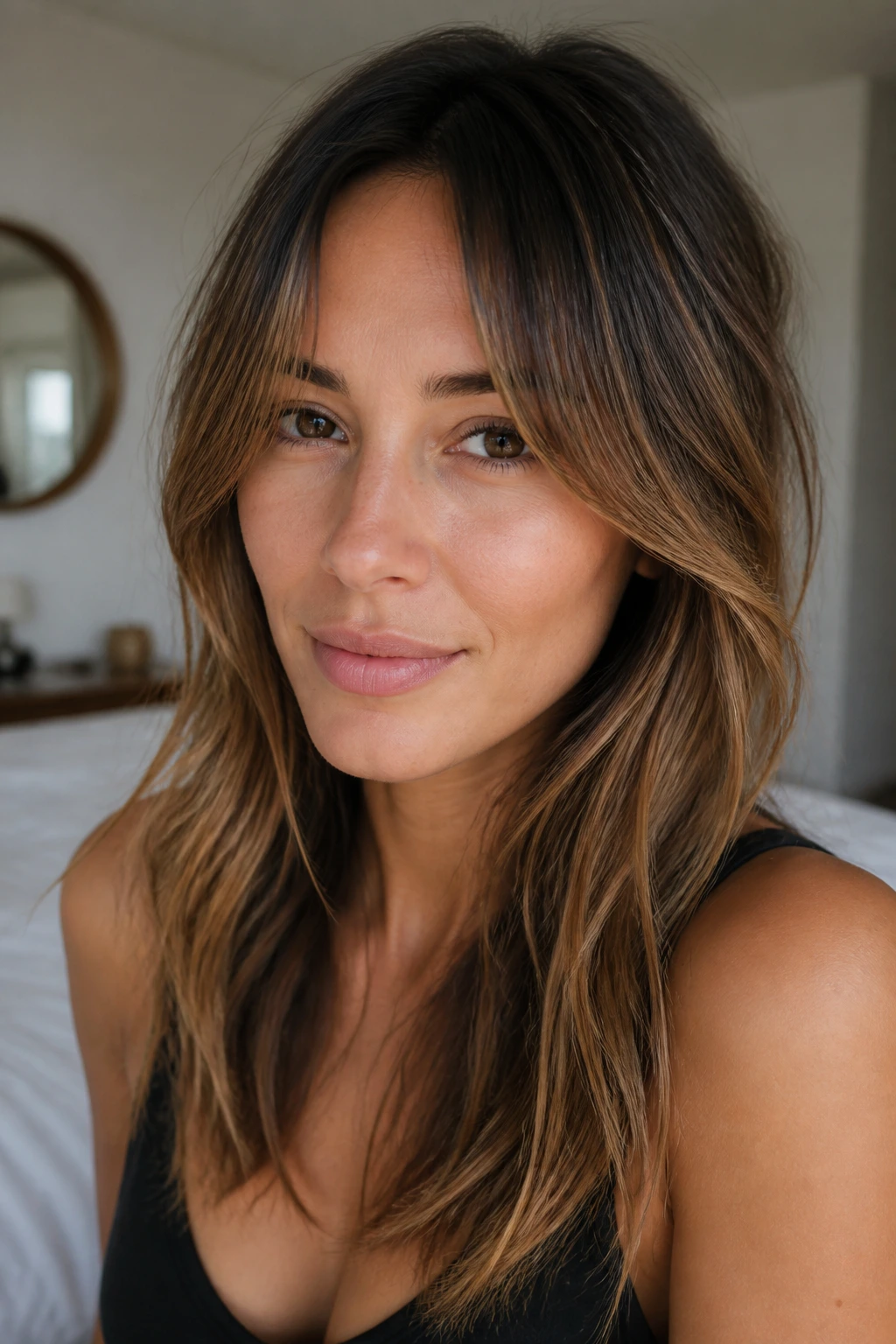 Close-up of a real woman with grown-out bangs blending into the rest of her hair