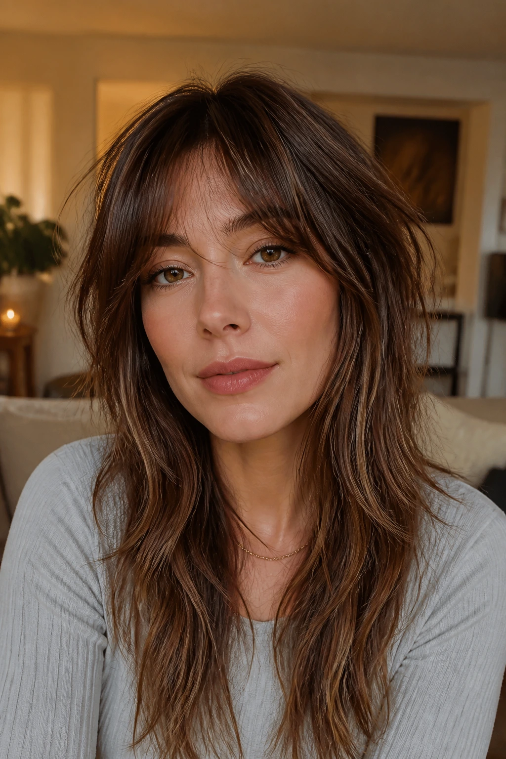 Close-up portrait of a real woman with Grown-Out Bang Shag, flexible fringe