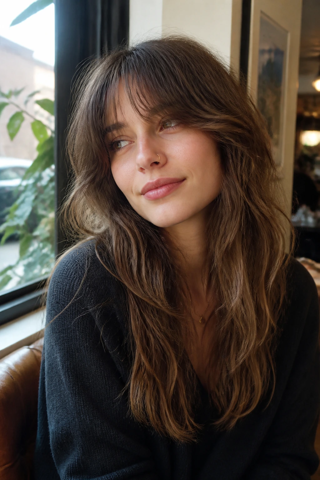 Close-up portrait of a real woman with grown-out bangs shag for low maintenance