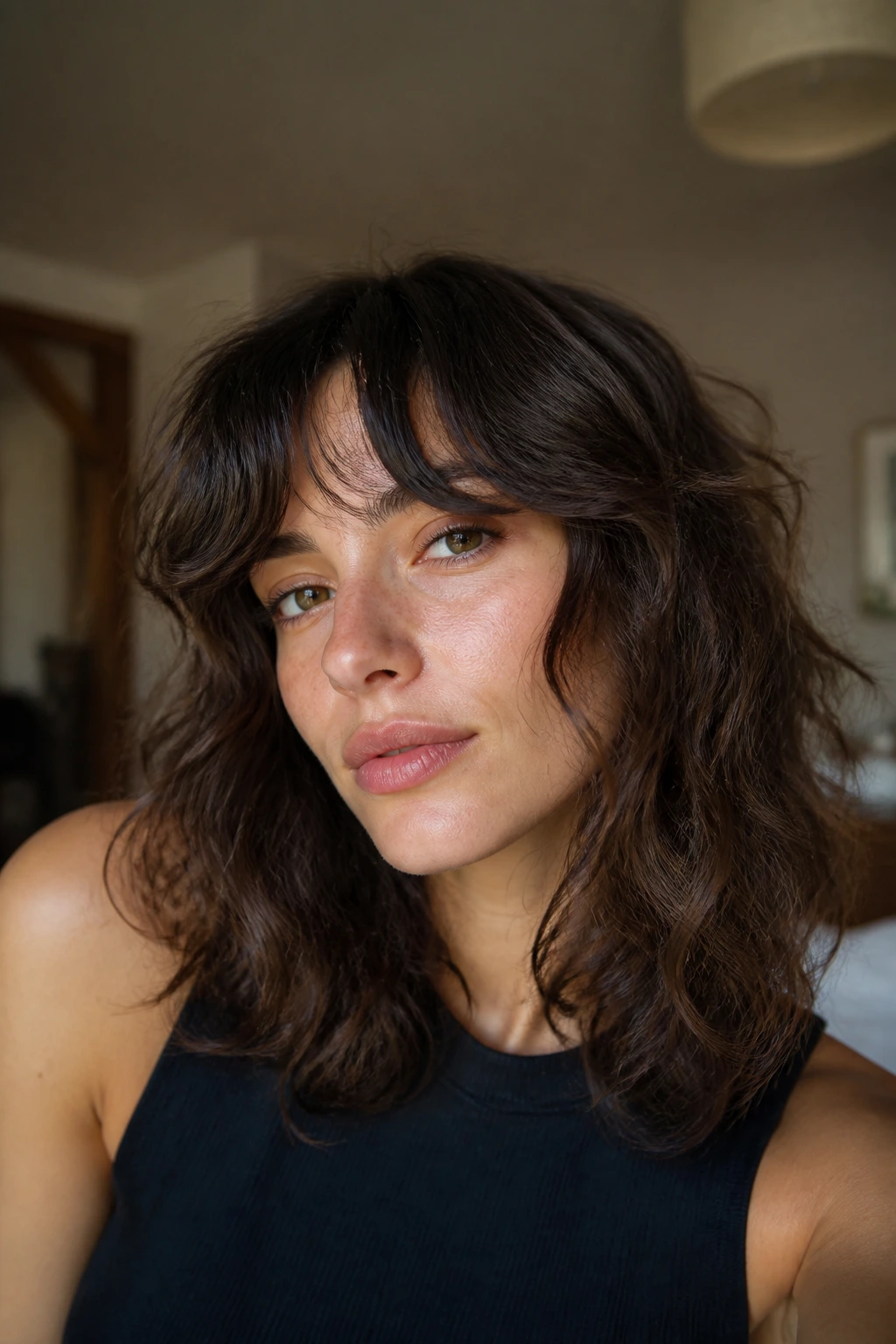 Close-up portrait of a person with grown-out bangs blending into front layers.