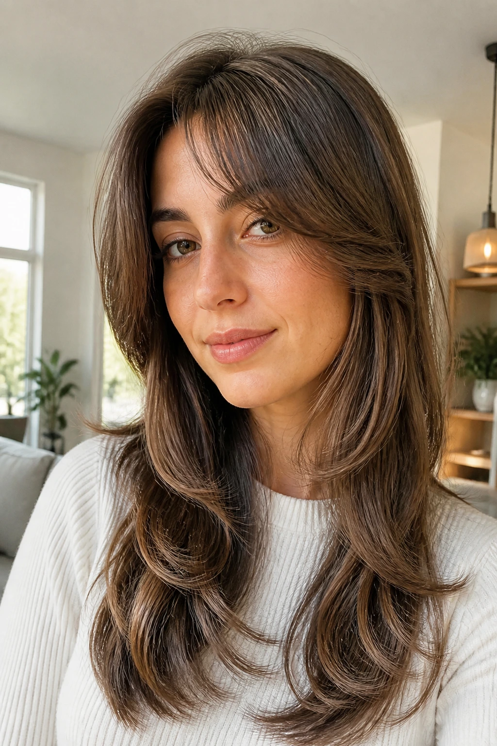 Close-up portrait of a real woman with grown-out bangs on a soft butterfly cut