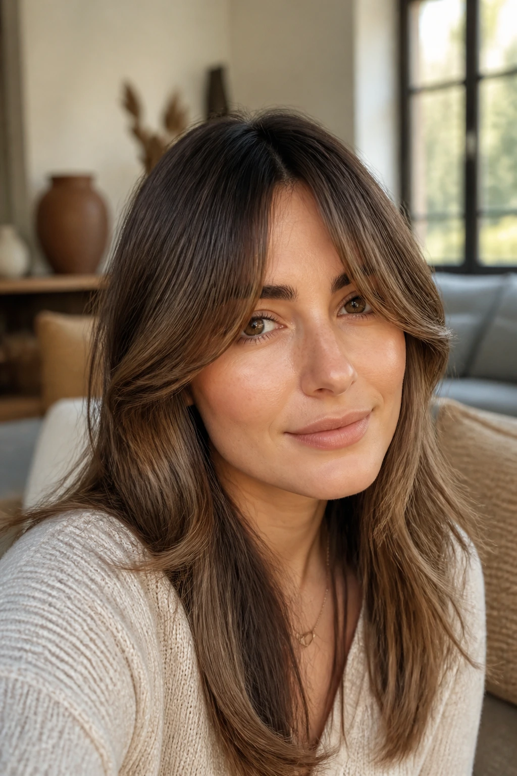 Close-up of a real woman with softly grown-out bangs swept to the side.