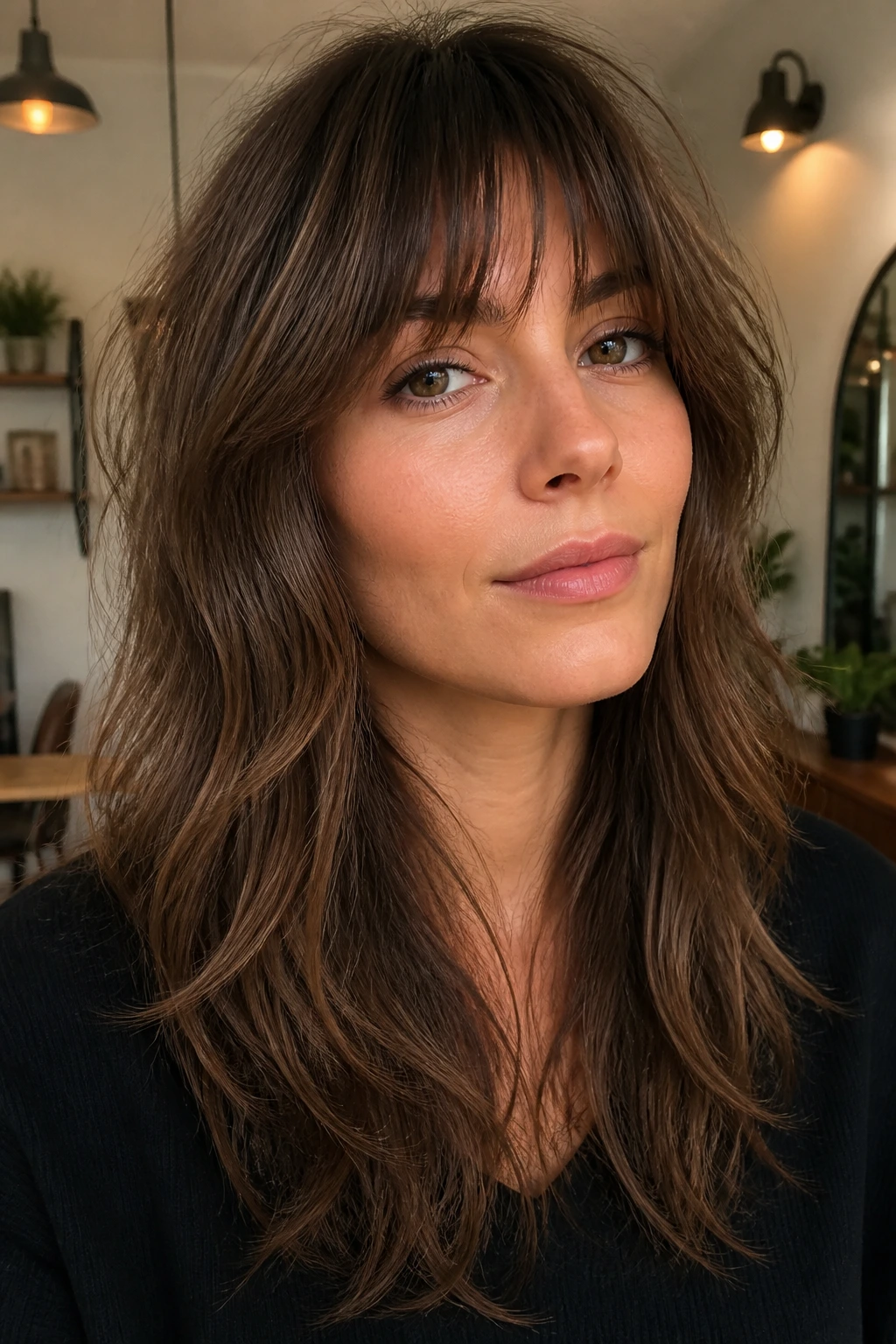 Portrait of woman with grown-out bangs blending into shag layers