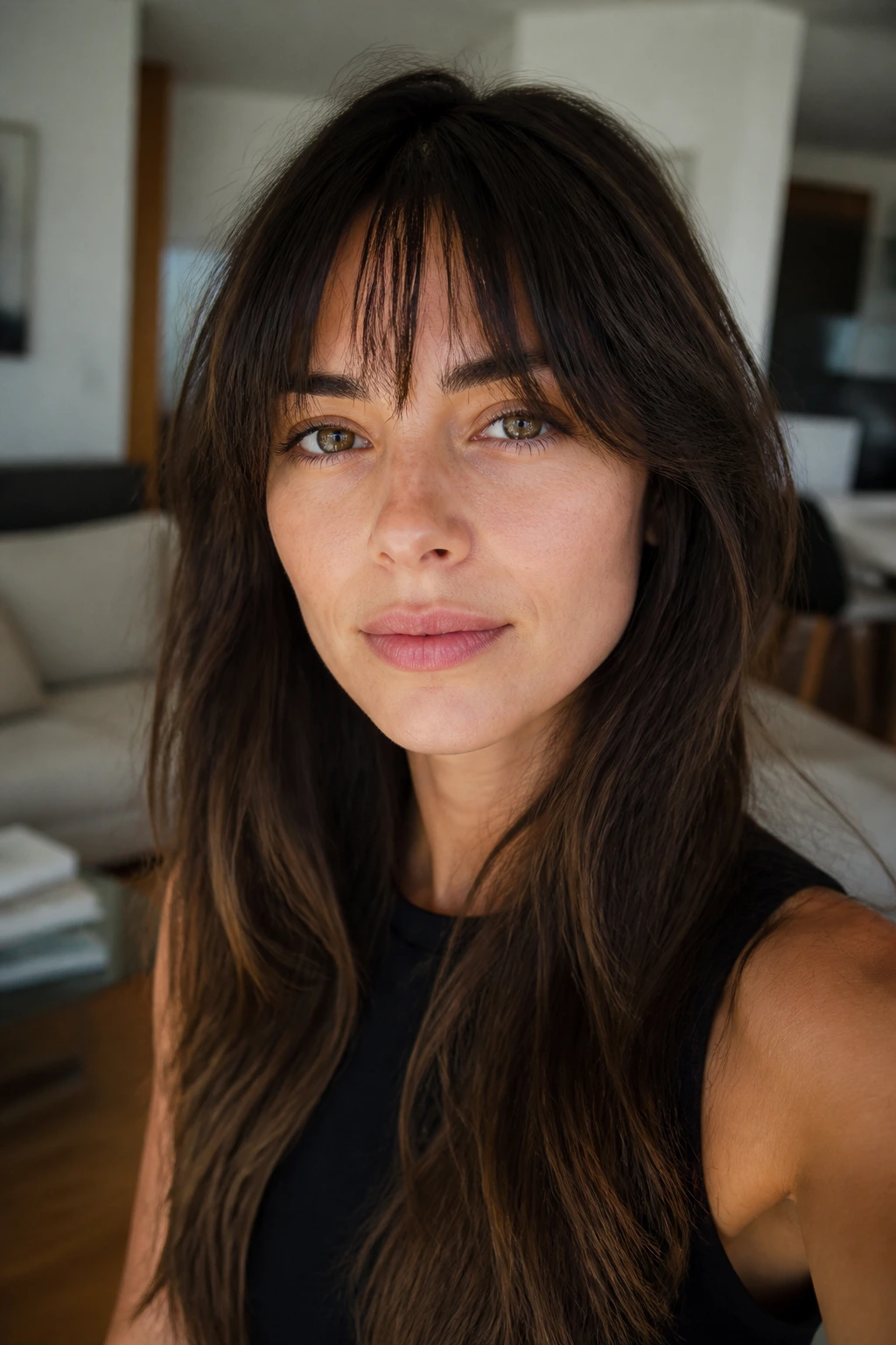 Real woman with grown-out choppy bangs brushing the brows in natural light