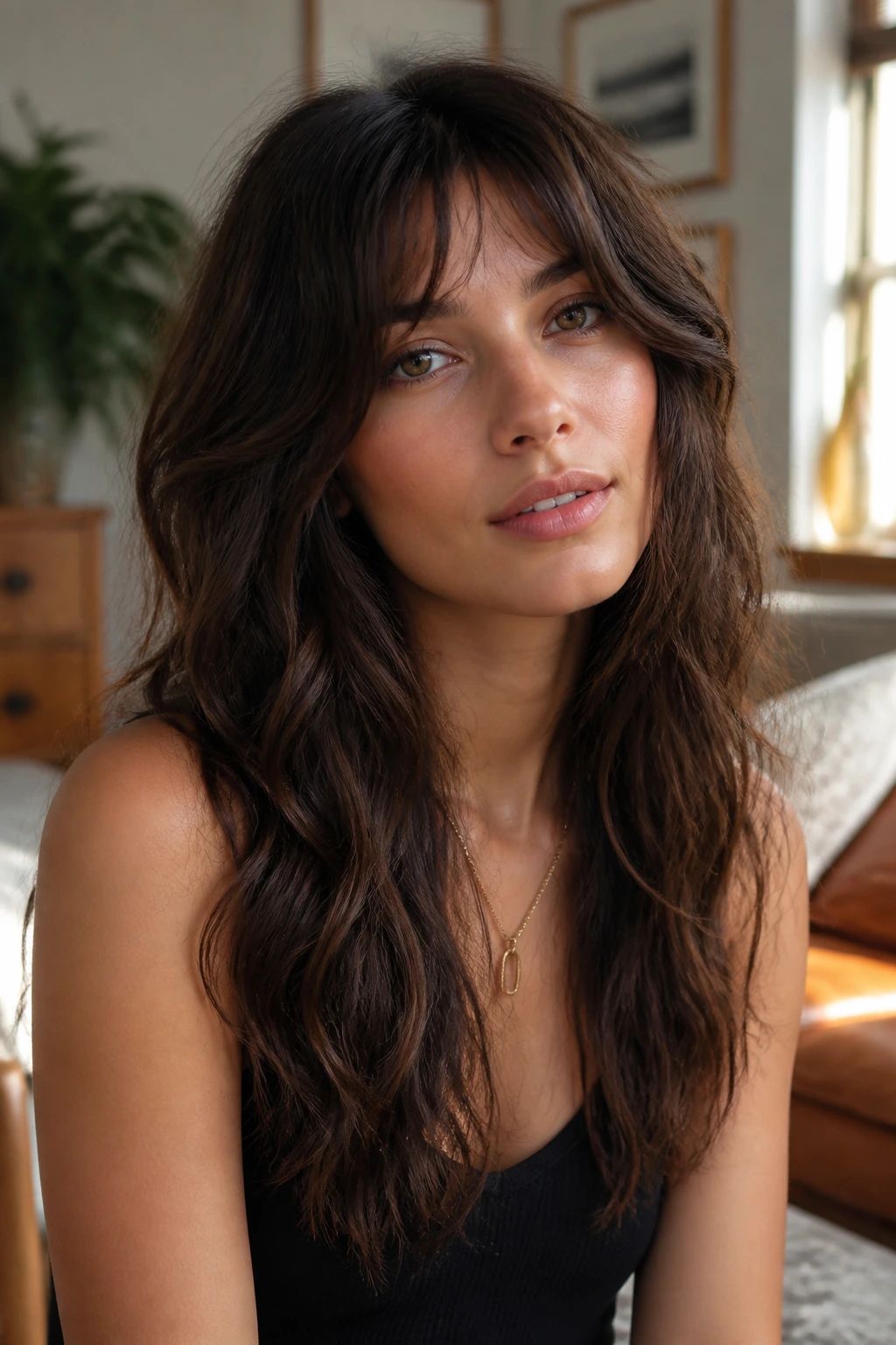 Close-up portrait of a real woman with grown-out bangs blending into wolf-cut layers