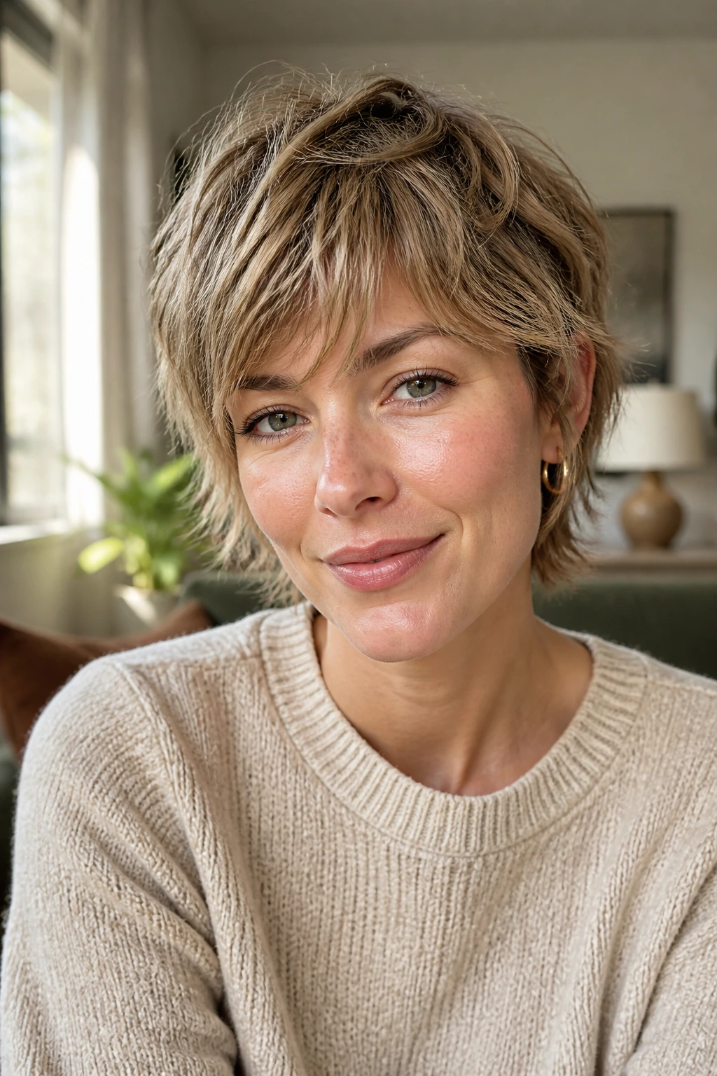 Close-up portrait of person with grown-out bixie shag hairstyle in a sunny living room
