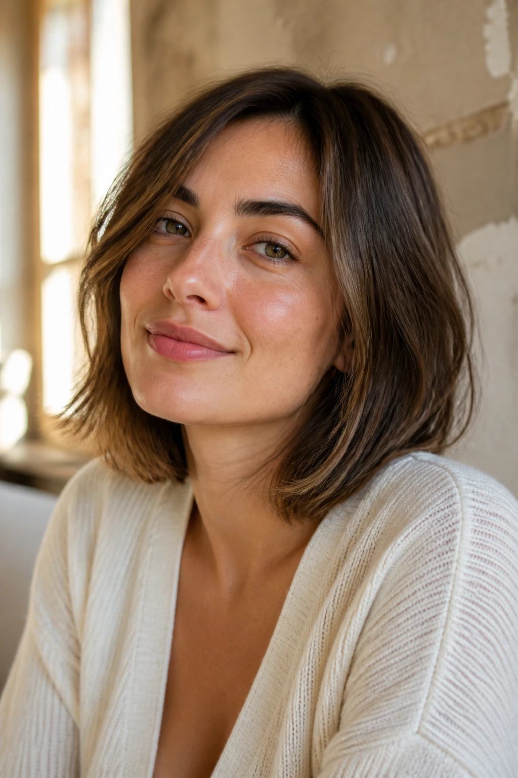 Close-up of a woman with a grown-out French bob showing neck-length length
