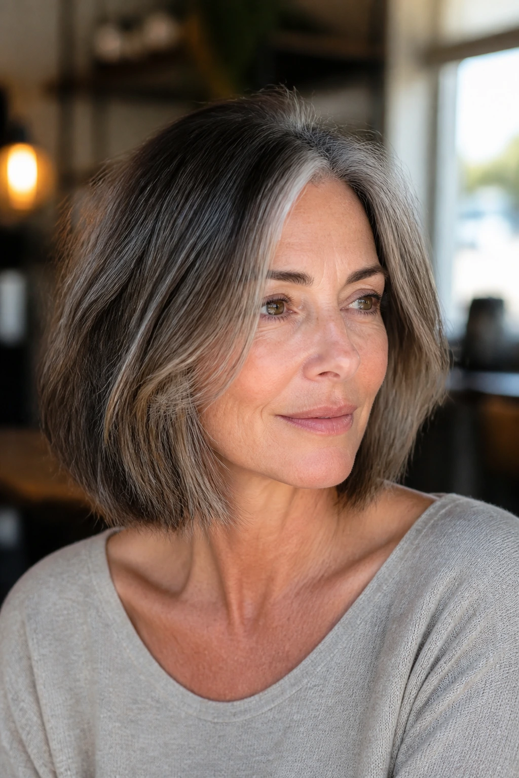 Real woman with a grown-out bob and blended gray highlights.