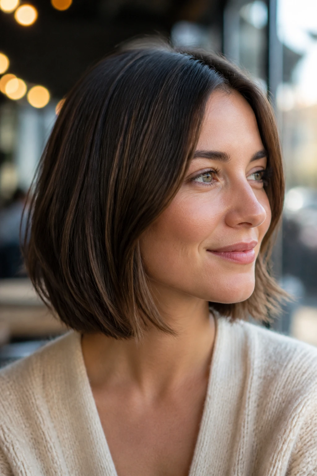 Close-up portrait of a real woman with a grown-out bob lob under the jaw in a sunlit cafe