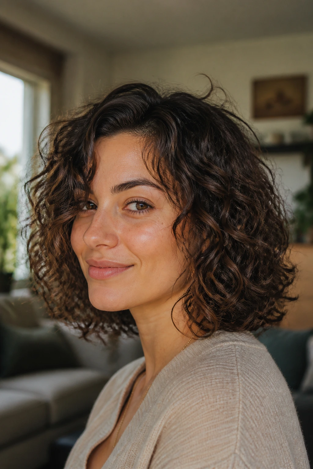 Close-up of a real woman with a grown-out curly bob lob showing soft ends and clumped curls