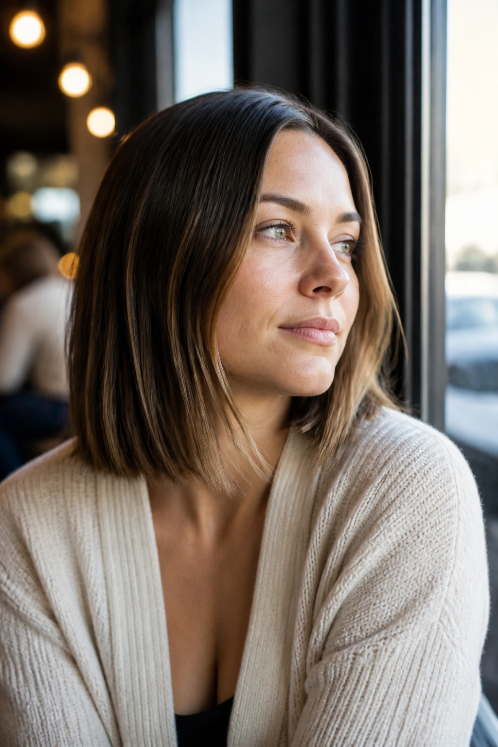 Portrait of a woman with a softly grown-out bob lob in a sunlit cafe