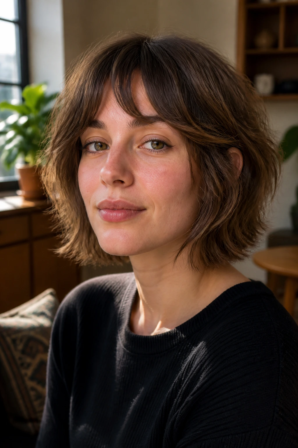 Close-up of Grown-Out Bob Shag on a real person in a living room