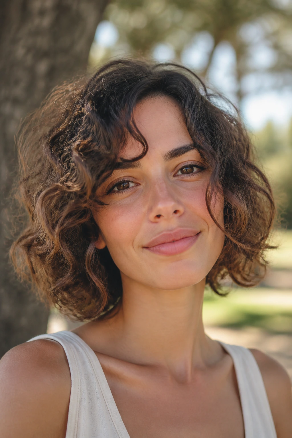Close-up portrait of a real woman with a grown-out bob and softened ends