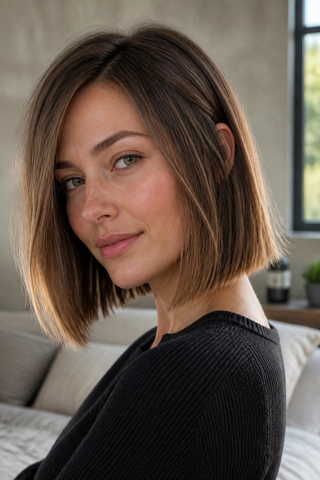 Close-up of a real person with a grown-out bob and soft A-line under window light