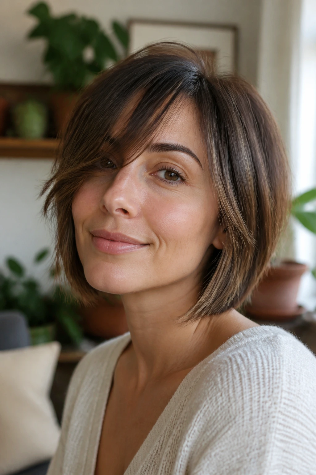Close-up of a real woman with a grown-out bob and sweepy bangs framing her face