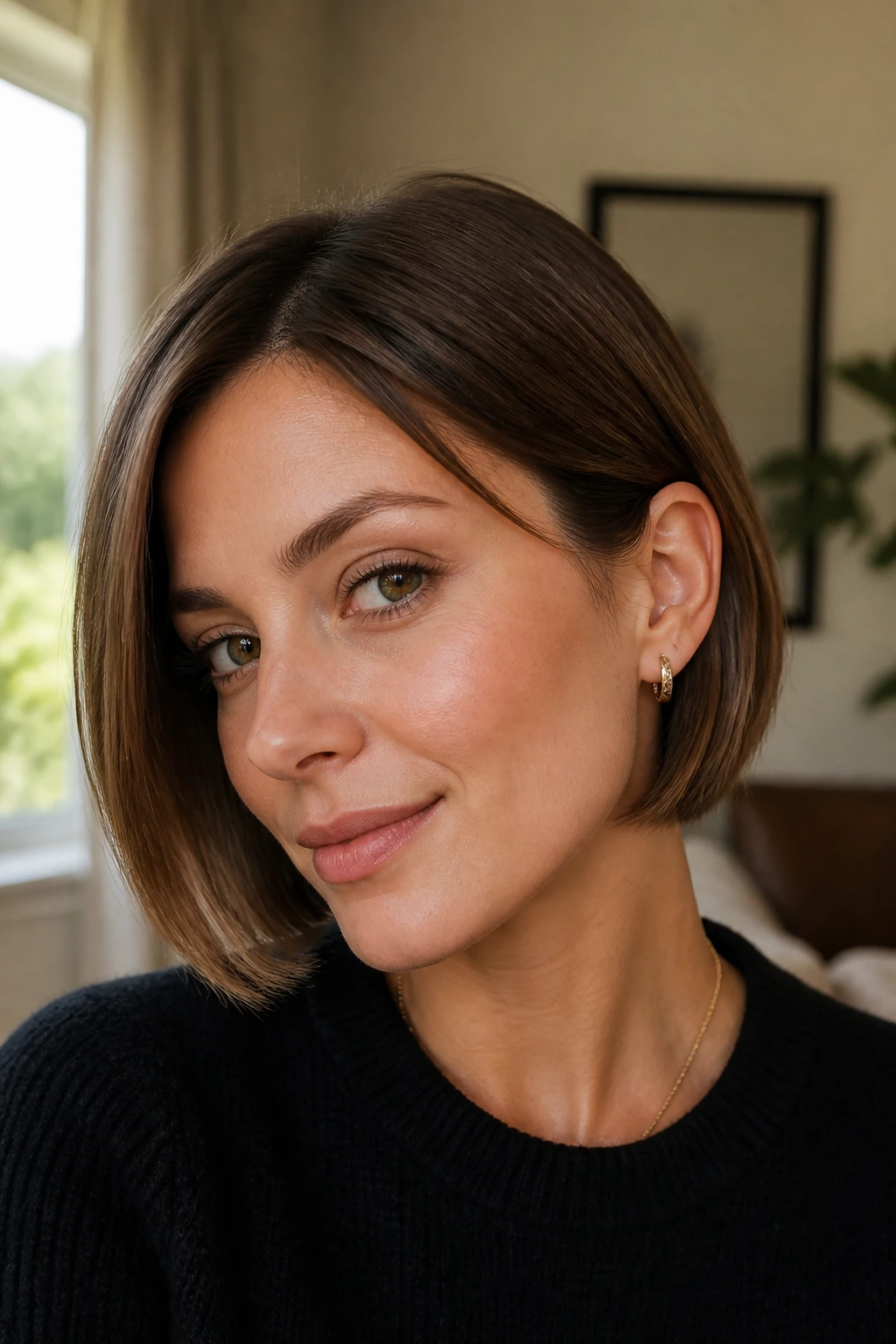 Close-up portrait of a real woman with a jaw-length grown-out bob tucked behind one ear in natural light