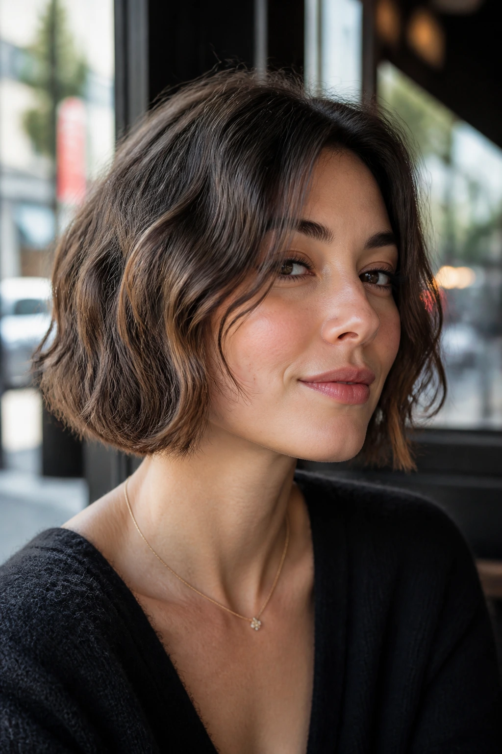 Close-up portrait of a real woman with a jaw-length bob and soft waves